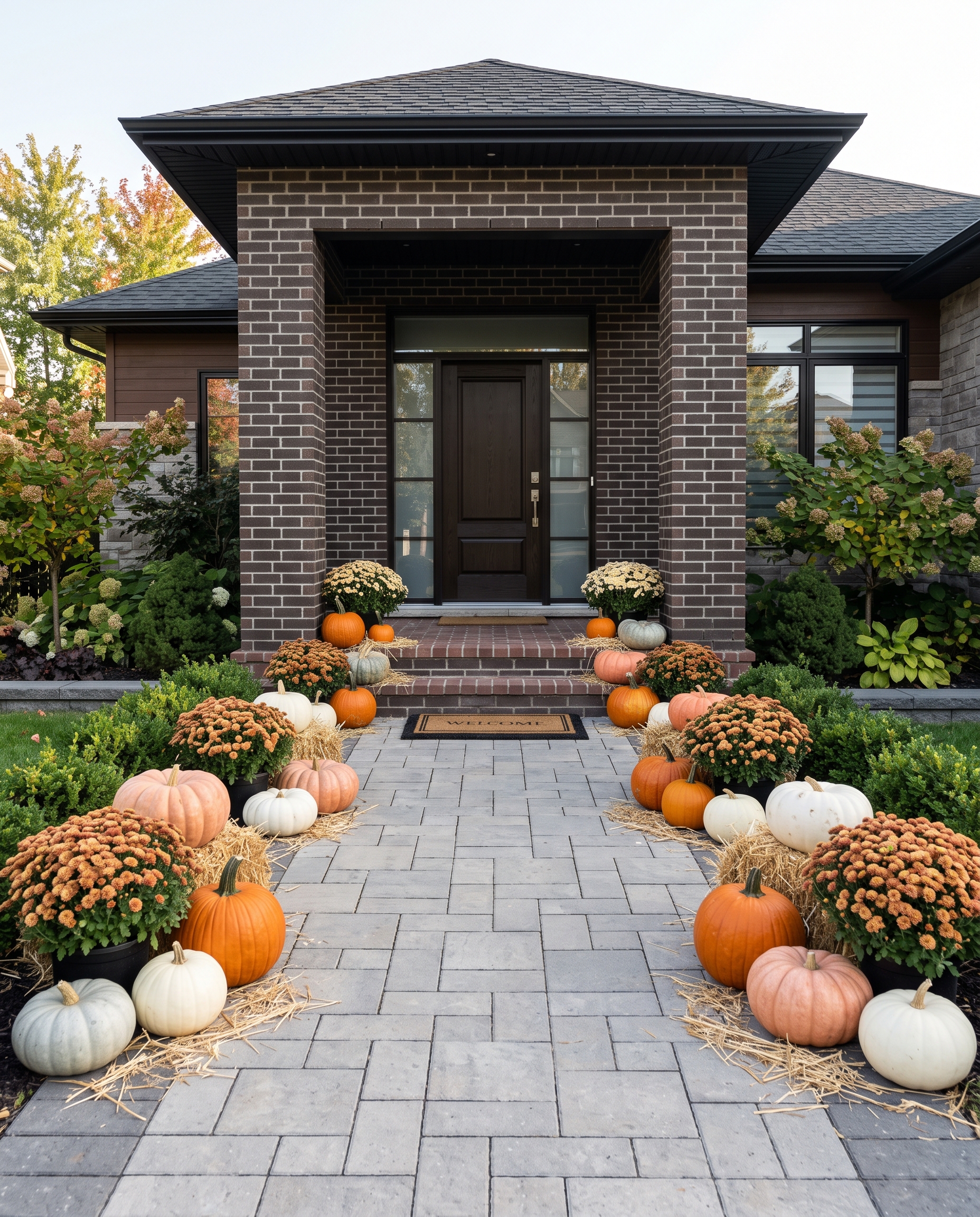 Spacious executive suburban home entrance styled with cascading pumpkins and golden straw in Dollard-des-Ormeaux